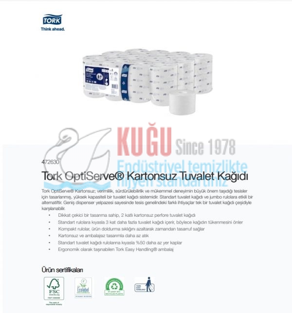KT-472630 Tork OptiServe® Çift Katlı Kartonsuz Tuvalet Kağıdı (1 Rulo 94 Metre-Koli İçi 24 Rulo) - Görsel 5