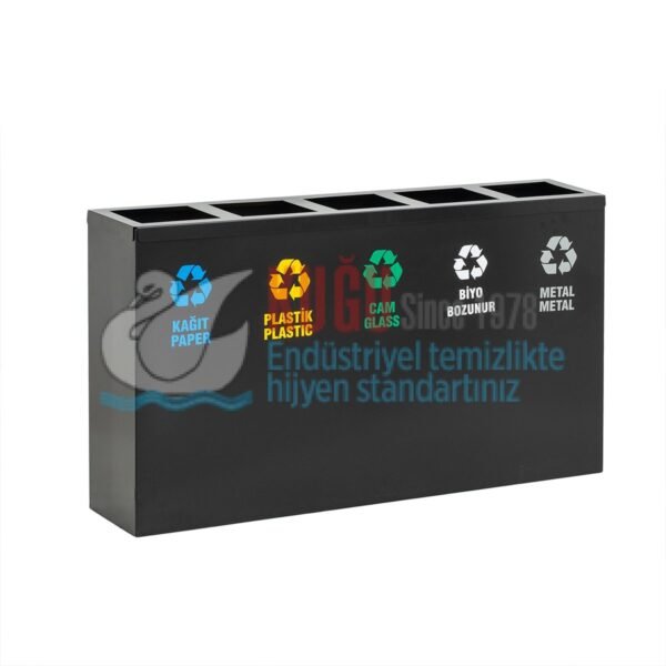 9500-P Beş Bölmeli Siyah Renk Metal İç Kovalı Atık Pil Kutusu Hazneli Elektrostatik Toz Fırın Boyalı  Geri Dönüşüm Sıfır Atık Çöp Kovası - Görsel 1