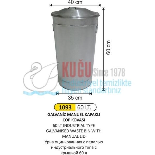 1093 60 LT GALVANİZ MANUEL KAPAKLI ÇÖP KOVASI - Görsel 1