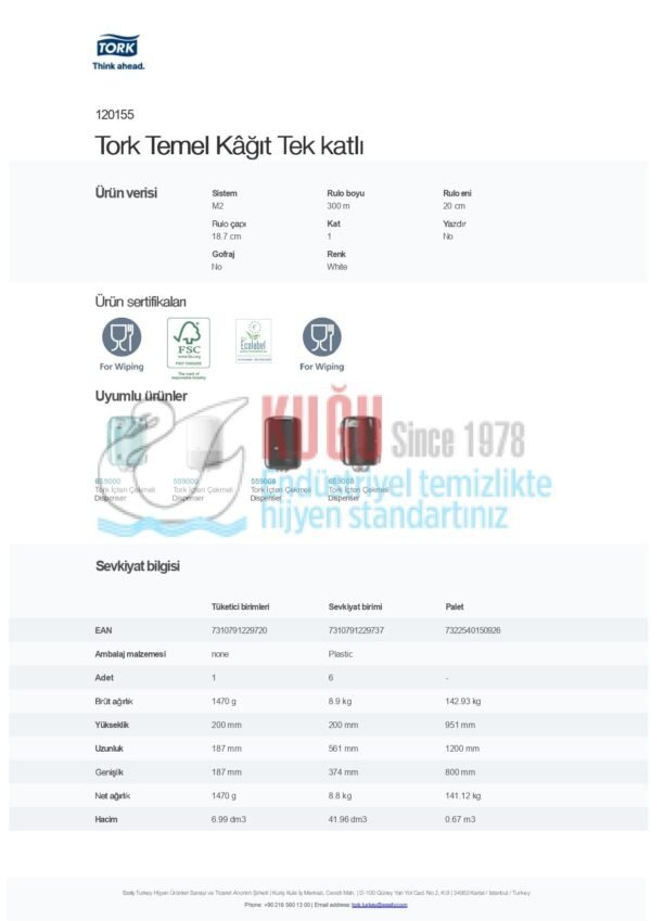 KT-120155 Tork İçten Çekmeli M2 Sistem Temel Kâğıt Tek Katlı Beyaz Renk (300 Metre 1 Rulo-Koli İçi 6 Rulo) - Görsel 5