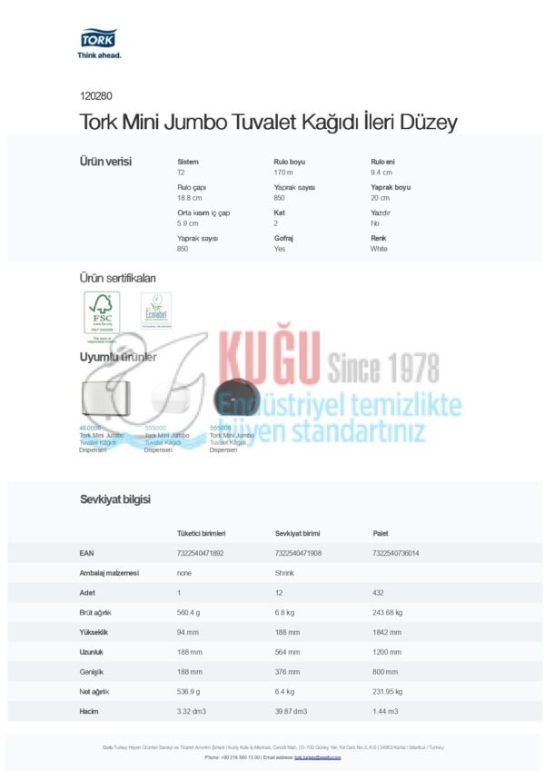 KT-120280 Tork Mini Jumbo Tuvalet Kağıdı 2 Katlı Gelişmiş T2 Beyaz (1 Rulo 170 Metre-Koli İçi 12 Rulo) - Görsel 8