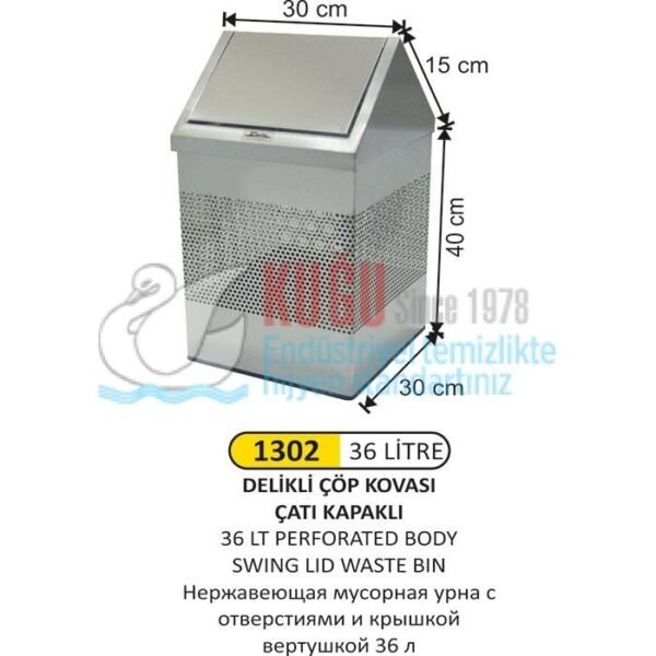 1302 36 LT ÇATI KAPAKLI GÖVDE DELİKLİ PASLANMAZ ÇÖP KOVASI - Görsel 1