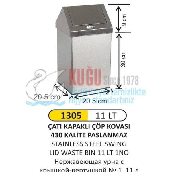 1305 11 LT ÇATI KAPAKLI PASLANMAZ ÇÖP KOVASI - Görsel 1