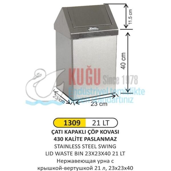 1166 21 LT ÇATI KAPAKLI PASLANMAZ ÇÖP KOVASI - Görsel 1