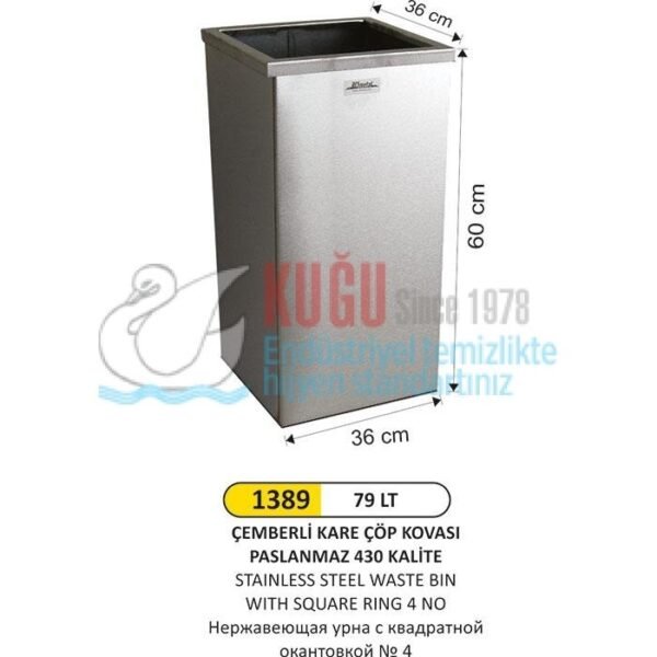 1389 79 LT KARE ÇEMBERLİ PASLANMAZ ÇÖP KOVASI - Görsel 1