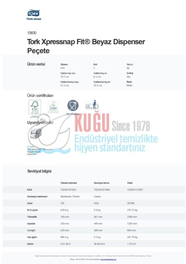 KT-15830 Tork N14 Sistem Xpressnap Fit® Beyaz Dispenser Peçete (1 Paket 120 Adet-Koli İçi 36 Paket) - Görsel 15