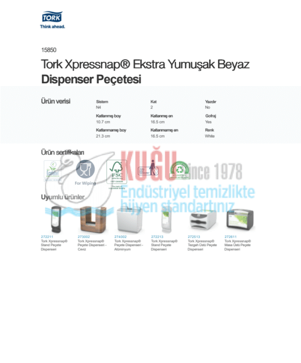 KT-15850 Tork Xpressnap® N4 Sistem Ekstra Yumuşak Beyaz Dispenser Peçete (1 Paket 200 Adet-Koli İçi 40 Paket) - Görsel 12