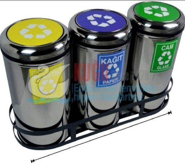 1601 45x3=135 Litre 430 S.S. Paslanmaz Çelik Döner Kapaklı Kağıt, Plastik ve Cam Etiketli Metal Kafesli Geri Dönüşüm Sıfır Atık Çöp Kovası - Görsel 1