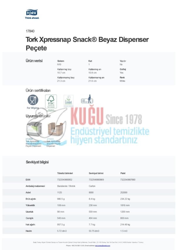 KT-17840 Tork N10 Sistem Xpressnap Snack® Beyaz Dispenser Peçete (1 Paket 225 Adet-Koli İçi 40 Paket) - Görsel 10