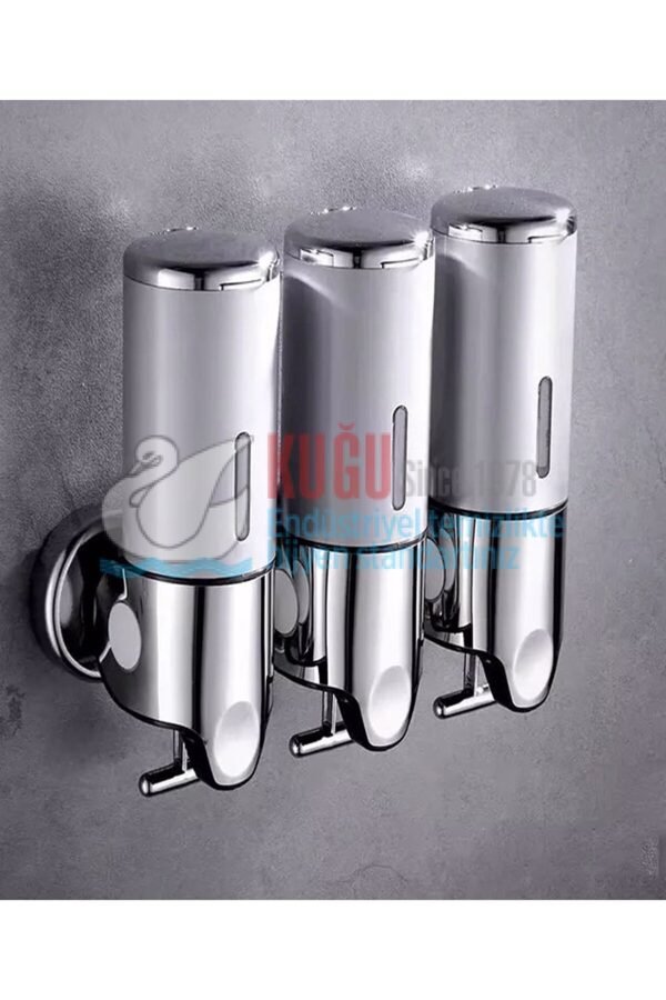 8055 Üçlü 1500 Ml 304 S.S. Paslanmaz Çelik Üstten Doldurmalı Hazneli Sıvı Sabun Şampuan Duş Jeli Dispenser Aparatı - Görsel 1