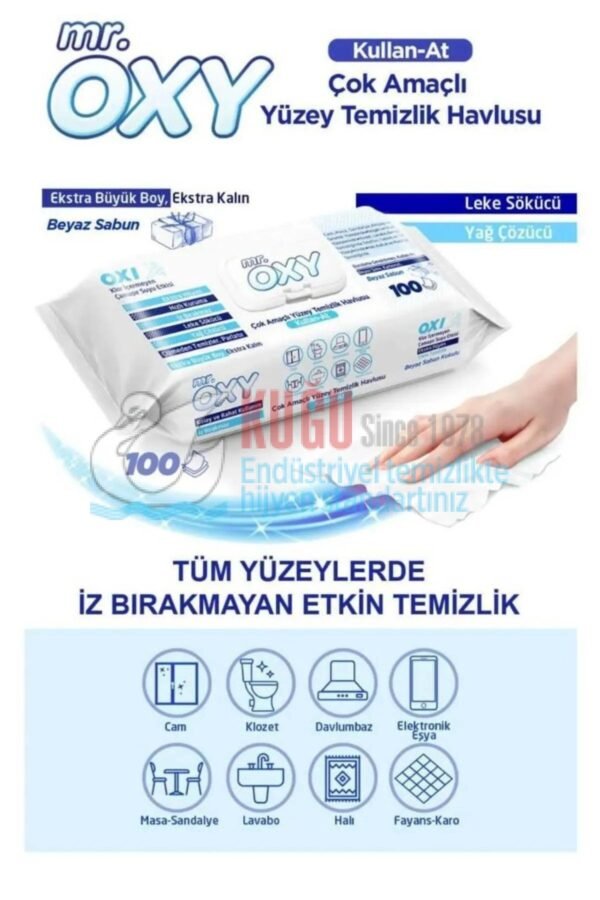 TİC.486 MR OXY ÇOK AMAÇLI YÜZEY TEM.HAVLUSU 100'LÜ BEYAZ SABUN KOKULU - Görsel 2