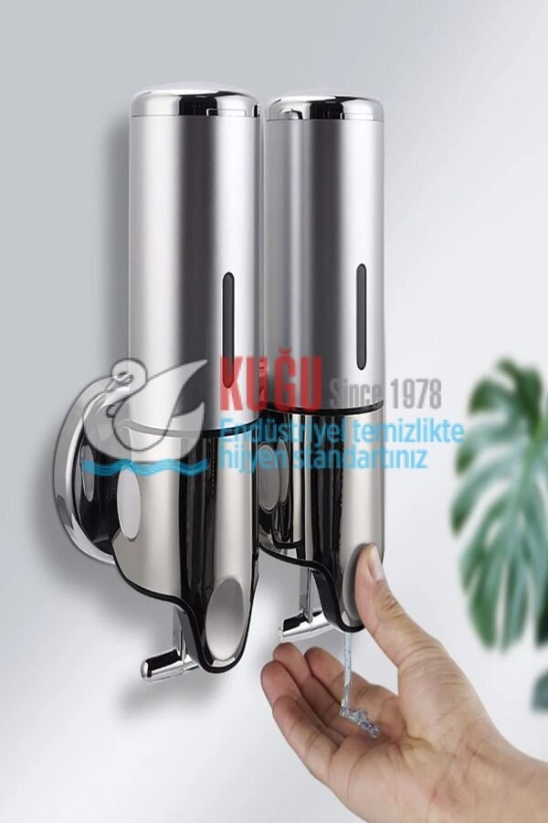 8054 Çiftli 500x2 1000 Ml Hazneli T Çekmeli 304 Kalite Paslanmaz Çelik Sıvı Sabun Şampuan Duş Jeli Dispanseri Aparatı - Görsel 2