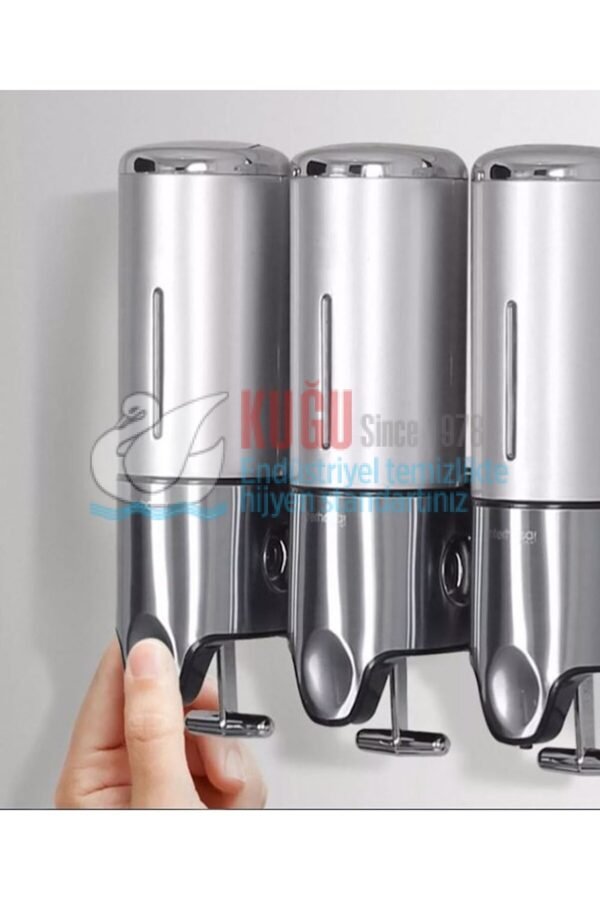 8055 Üçlü 1500 Ml 304 S.S. Paslanmaz Çelik Üstten Doldurmalı Hazneli Sıvı Sabun Şampuan Duş Jeli Dispenser Aparatı - Görsel 2