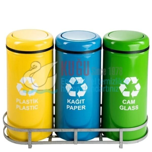 30201 3'LÜ Döner Kapaklı Elektrostatik Toz Fırın Sarı, Yeşil ve Mavi Renk Boyalı  Standlı Plastik, Kağıt ve Cam Etiketli Geri Dönüşüm Sıfır Atık Çöp Kovası - Görsel 1