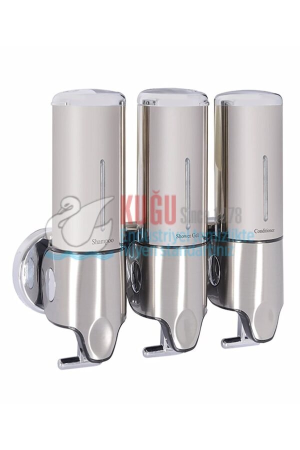 8055 Üçlü 1500 Ml 304 S.S. Paslanmaz Çelik Üstten Doldurmalı Hazneli Sıvı Sabun Şampuan Duş Jeli Dispenser Aparatı - Görsel 3