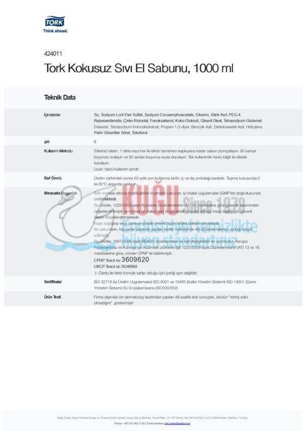 KT-424011 1000 ml Tork Kokusuz Sıvı El Sabunu - Görsel 5