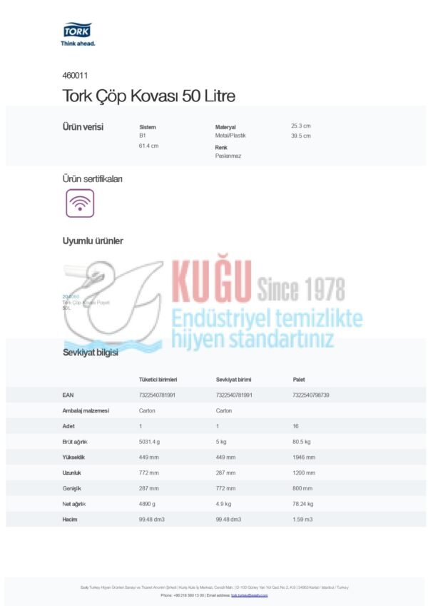 KT-460011 Tork Paslanmaz Çelik Metal B1 Sistem 50 Litre Çöp Kovası - Görsel 8