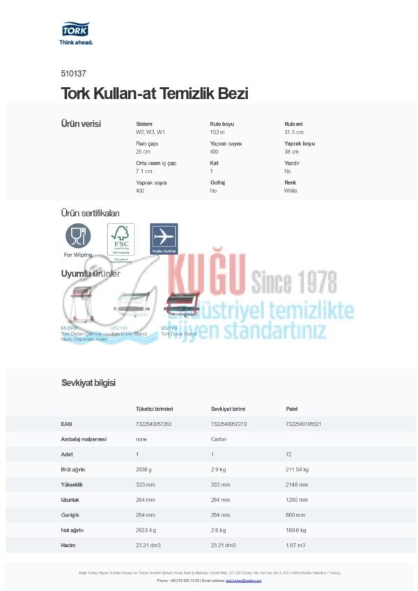 KT-510137 Tork W1 Sistem Kullan-at Temizlik Bezi 400 Yaprak (1 Rulo 152 Metre-Koli İçi 1 Rulo) - Görsel 8