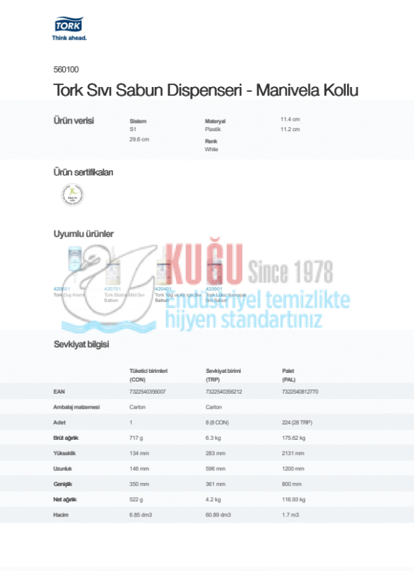 KT-560100 Tork Beyaz S1 Sistem Sıvı Sabun Dispenseri - Manivela Kollu - Görsel 6