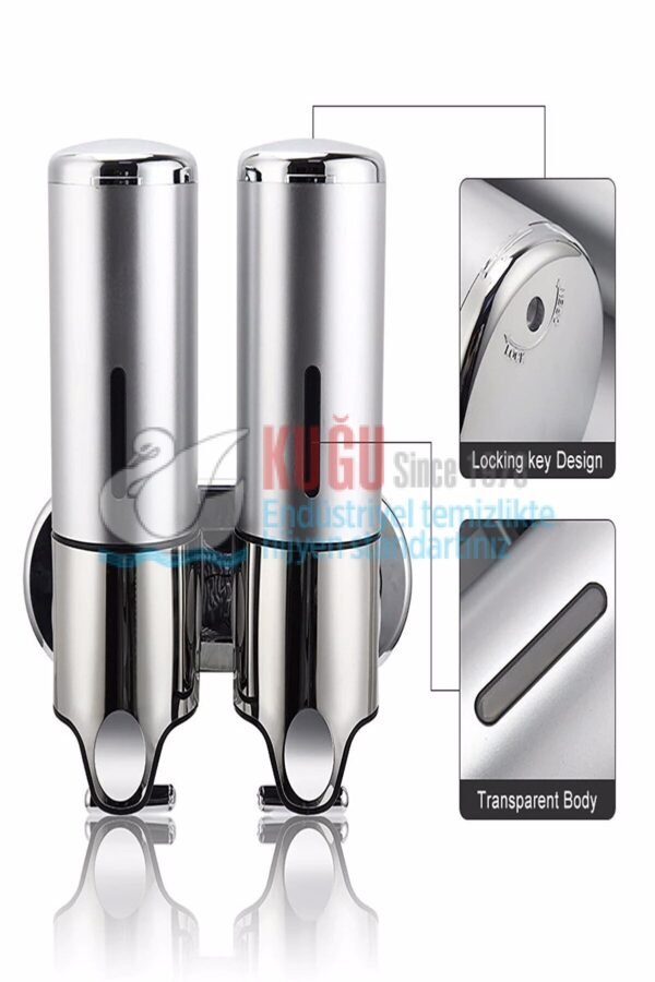 8054 Çiftli 500x2 1000 Ml Hazneli T Çekmeli 304 Kalite Paslanmaz Çelik Sıvı Sabun Şampuan Duş Jeli Dispanseri Aparatı - Görsel 7