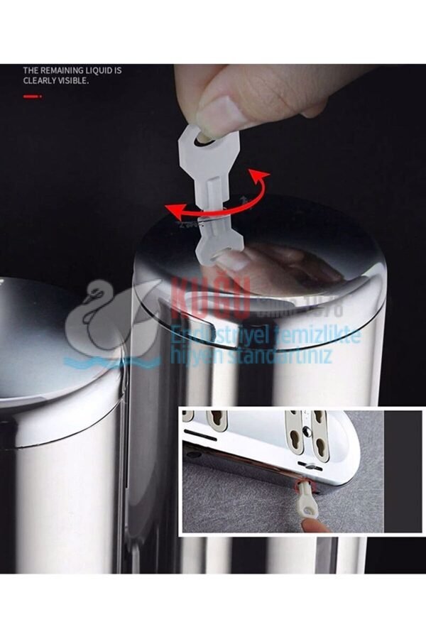 8055 Üçlü 1500 Ml 304 S.S. Paslanmaz Çelik Üstten Doldurmalı Hazneli Sıvı Sabun Şampuan Duş Jeli Dispenser Aparatı - Görsel 5
