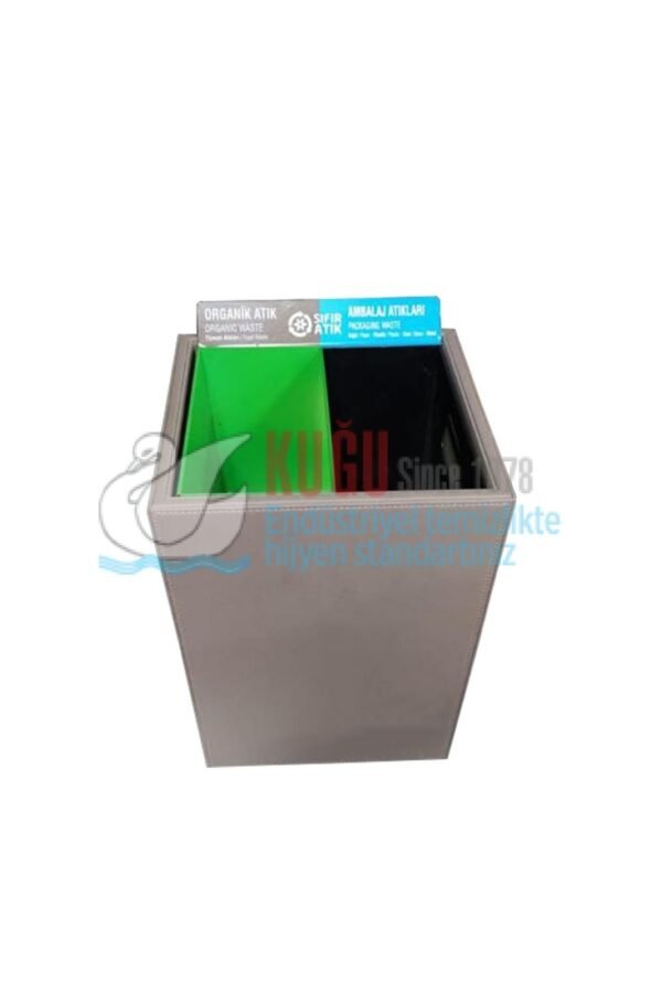 DK-25698 Deri Kaplı Çift Bölmeli Geri Dönüşüm Sıfır Atık Çöp Kovası - Görsel 1