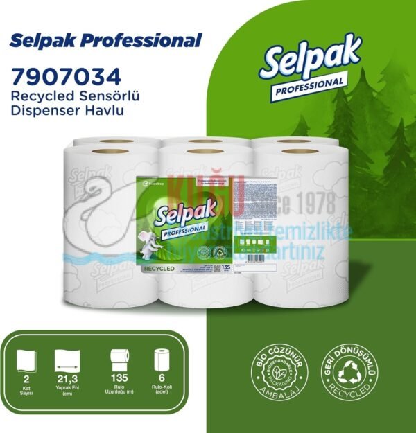 7907034 Selpak Professional Recycled Sensörlü 21 Cm Hareketli Makine Havlusu - (1 Rulo 135 metre, Koli İçi 6 Rulo) - Görsel 1