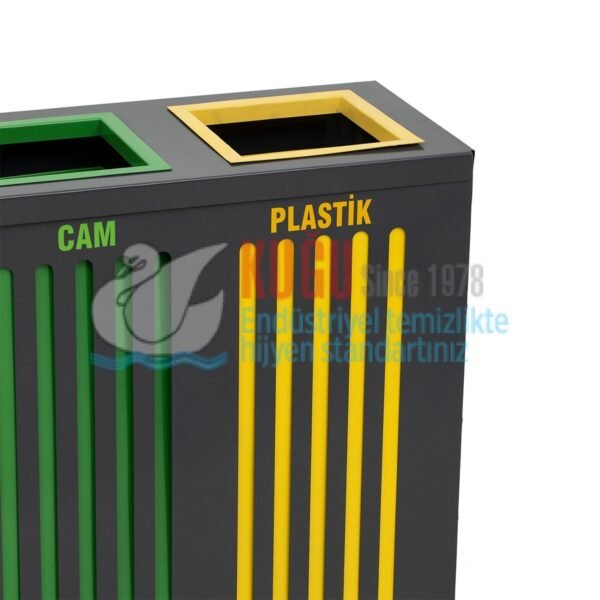 9510 Üç Bölmeli Siyah Renk Metal İç Kovalı Düz Çizgili Desenli Elektrostatik Toz Fırın Boyalı Geri Dönüşüm Sıfır Atık Çöp Kovası - Görsel 2