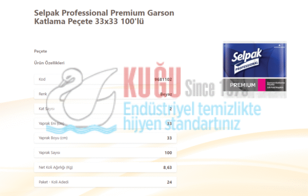KGE-9681102 Selpak Professional Premium Garson Katlama Peçete 33*33 Cm 100'Lü 24 Paket - Görsel 2