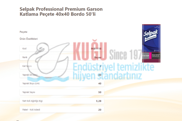 KGE-9681118 Selpak Professional Premium Garson Katlama Peçete 40x40 Cm Bordo 50'Li 20 Paket - Görsel 2