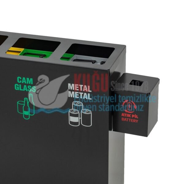 9500-P Beş Bölmeli Siyah Renk Metal İç Kovalı Atık Pil Kutusu Hazneli Elektrostatik Toz Fırın Boyalı  Geri Dönüşüm Sıfır Atık Çöp Kovası - Görsel 5