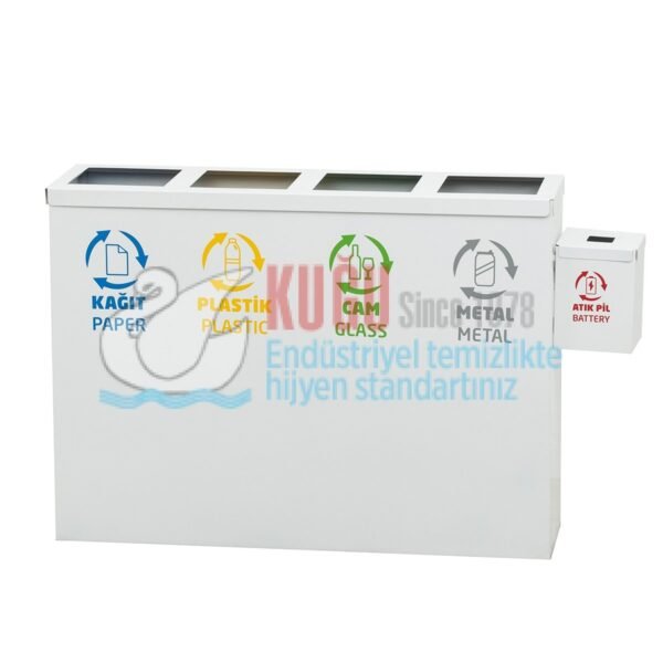 9507 Dört Bölmeli Beyaz Renk Elektrostatik Toz Fırın Boyalı Metal İç Kovalı Atık Pil Kutulu Geri Dönüşüm Sıfır Atık Çöp Kovası - Görsel 1