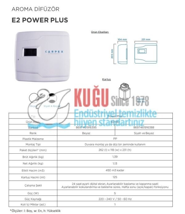 KGC-921180-B Carpex E2 Power Plus Siyah Beyaz Renk 450 m3 Alan Etkili Geniş Alan Kokulandırma Koku Makinesi (2 YIL GARANTİLİ) - Görsel 5