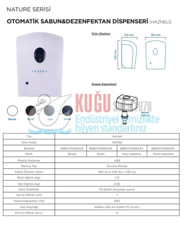 KGC-932192-WD Carpex Beyaz Nature 900 ML Üstten Doldurmalı Hazneli Sensörlü ve Fotoselli Dezenfektan Dispanseri Aparatı - Görsel 8