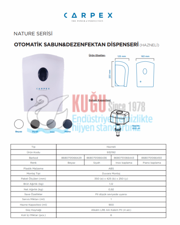 KGC-932192-RS Carpex Kırmızı Nature 900 ML Üstten Doldurmalı Hazneli Sensörlü ve Fotoselli Sıvı Sabun Dispanseri Aparatı - Görsel 8