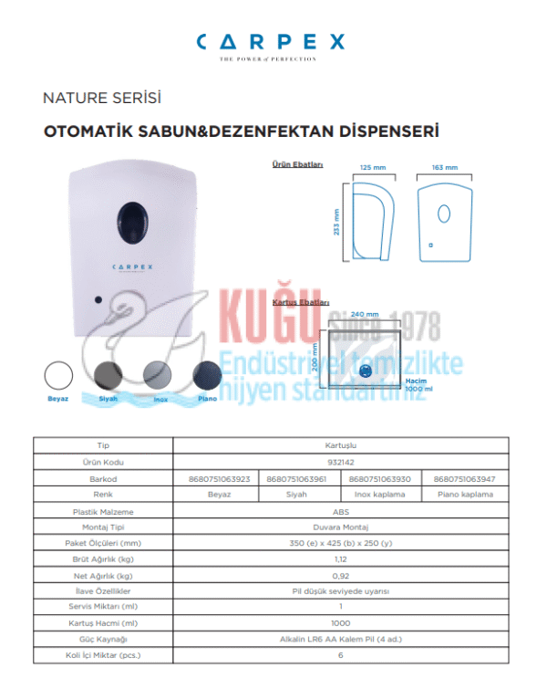 KGC-93722-RSK Carpex Kırmızı Nature 1000 ML Kartuşlu Sensörlü ve Fotoselli Sıvı Sabun Dispanseri Aparatı - Görsel 8