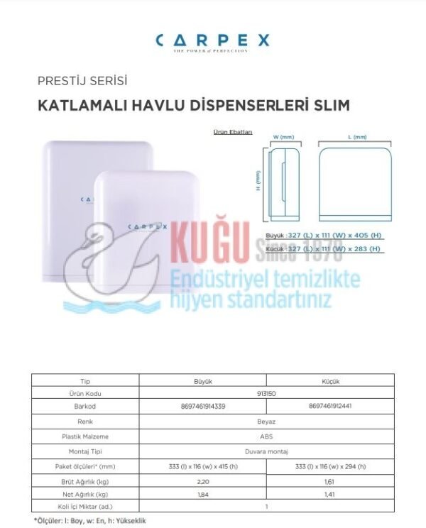 KGC-913150-B-W Carpex Prestij Serisi Beyaz Renk Katlamalı Slim Kağıt Havlu Dispenseri Büyük Boy - Görsel 2