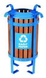 3048-M Mavi Renk EMPRENYE GERÇEK AHŞAP 3’LÜ GERİ DÖNÜŞÜM ÇÖP KOVASI