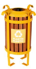 3048-S Sarı Renk EMPRENYE GERÇEK AHŞAP 3’LÜ GERİ DÖNÜŞÜM ÇÖP KOVASI