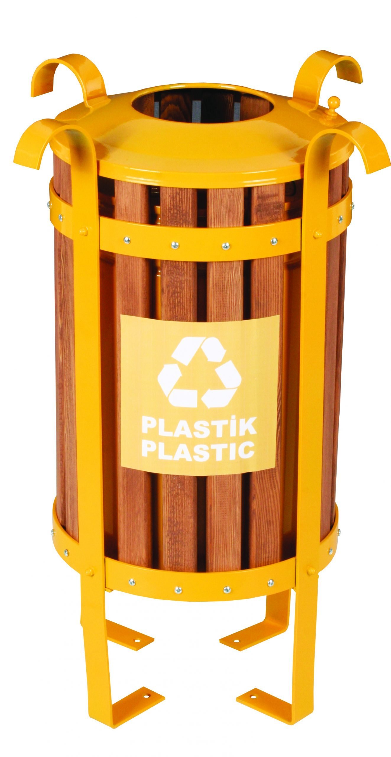 KGS-4906-SARI.jpg 3048-S Sarı Renk EMPRENYE GERÇEK AHŞAP 3’LÜ GERİ DÖNÜŞÜM ÇÖP KOVASI - Görsel 1