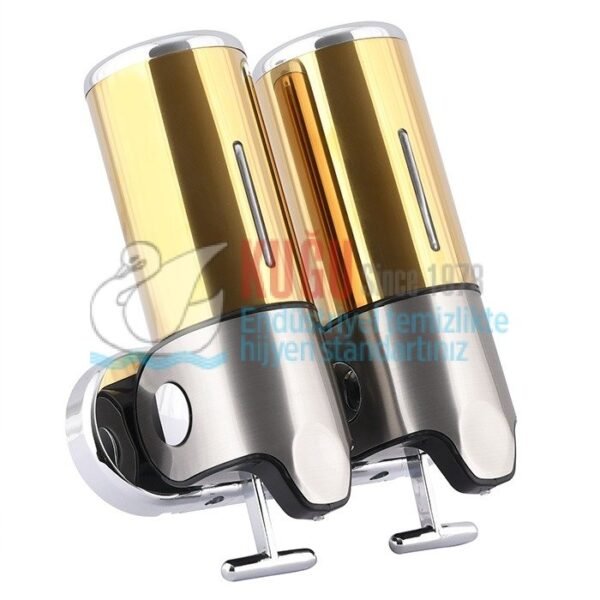 8057 Çiftli Gold Altın Renk 500x2=1000 ML Hazneli T Çekmeli 304 Kalite Paslanmaz Çelik Sıvı Sabun Şampuan Duş Jeli Dispanseri Aparatı - Görsel 1