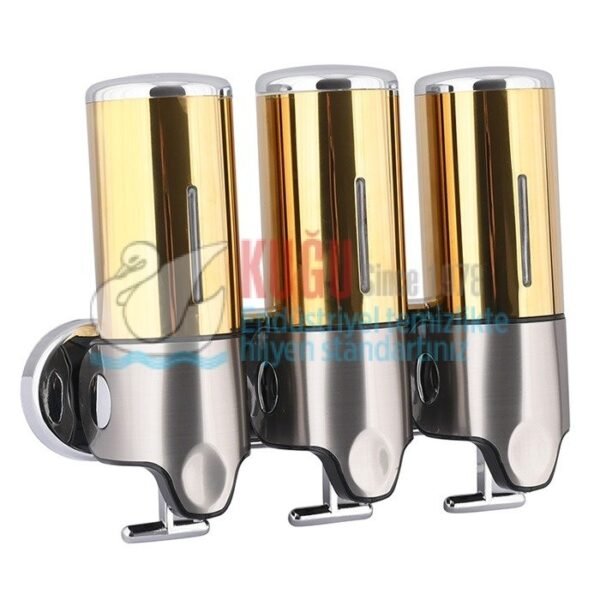 8058 Gold Altın Renk Üçlü 1500 Ml 304 S.S. Paslanmaz Çelik Üstten Doldurmalı Hazneli Sıvı Sabun Şampuan Duş Jeli Dispenser Aparatı - Görsel 1
