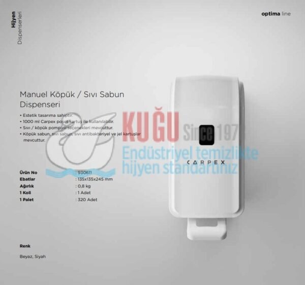 KGC-930601-W Carpex Beyaz Renk Optima 1000 ML Manuel Kartuşlu Köpük Sabun Dispenseri - Görsel 2