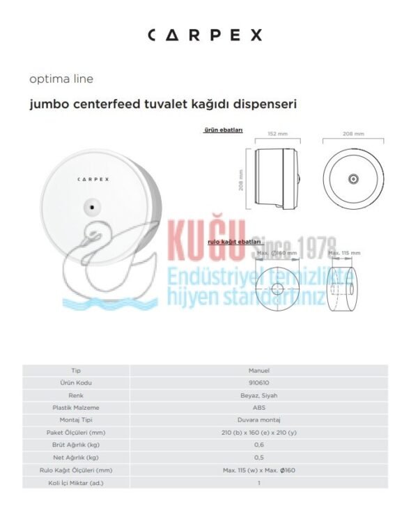 KGC-910610-W Carpex Optima Beyaz Renk Mini Cimri WC Tuvalet Kağıdı Dispenser Aparatı - Görsel 5