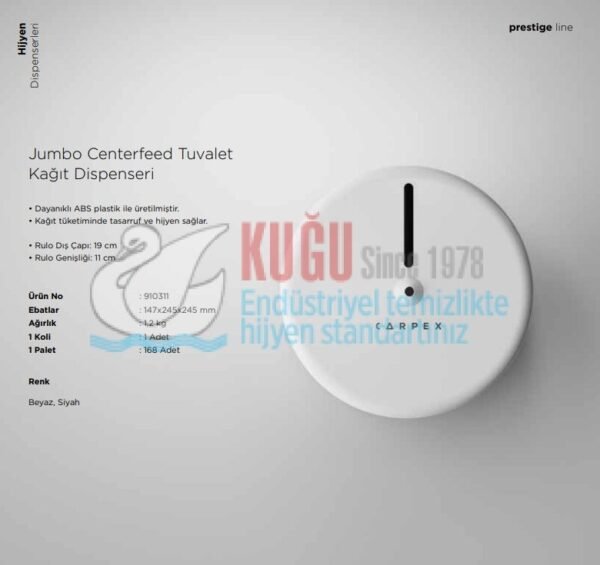 KGC-913030 Carpex Prestige Beyaz Renk Maxi Jumbo Centerfeed Cimri İçten Çekmeli WC Kağıt Dispenseri Aparatı - Görsel 3