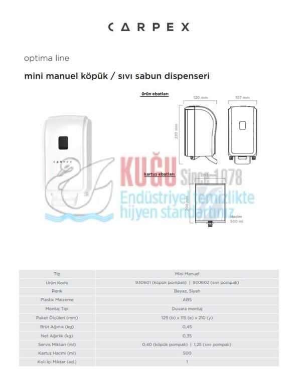 KGC-930601-W Carpex Optima Beyaz Renk Mini Manuel 500 ML Kartuşlu Köpük Sabun Dispenser Aparatı - Görsel 5