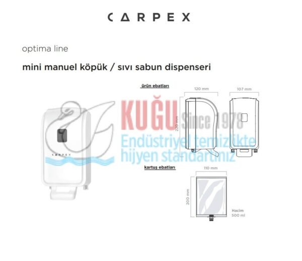 KGC-930601-W Carpex Optima Beyaz Renk Mini Manuel 500 ML Kartuşlu Köpük Sabun Dispenser Aparatı - Görsel 6