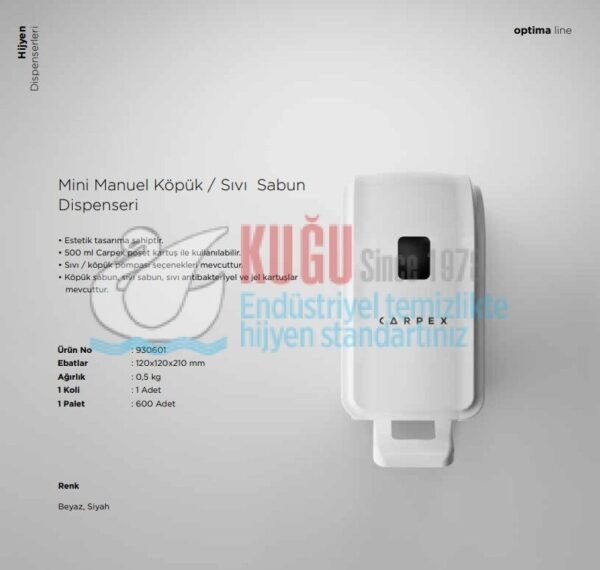 KGC-930601-W Carpex Optima Beyaz Renk Mini Manuel 500 ML Kartuşlu Köpük Sabun Dispenser Aparatı - Görsel 2