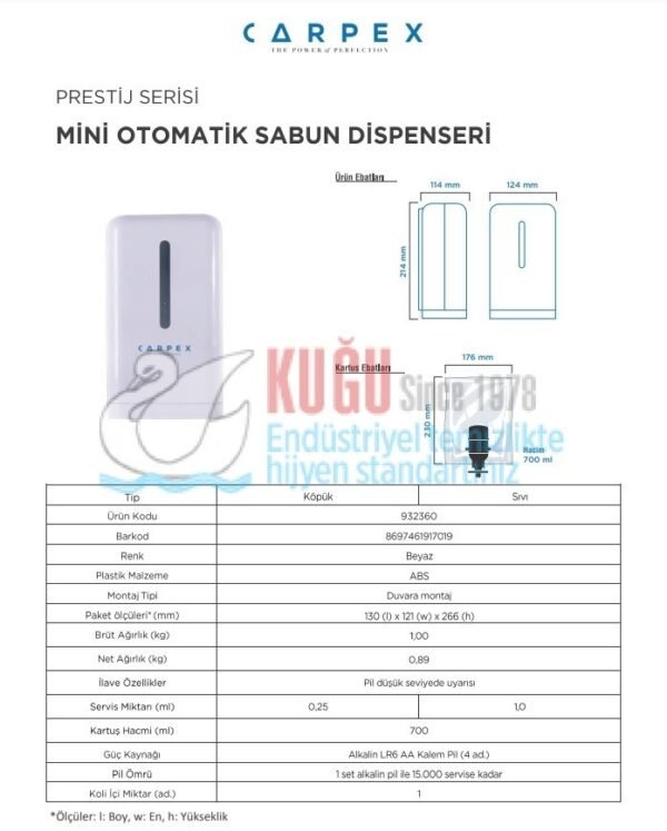 KGC-932360-MB Carpex Siyah Renk Mini 700 ML Prestige Otomatik Sensörlü Pilli Köpük & Sıvı Sabun Dispenseri - Görsel 6