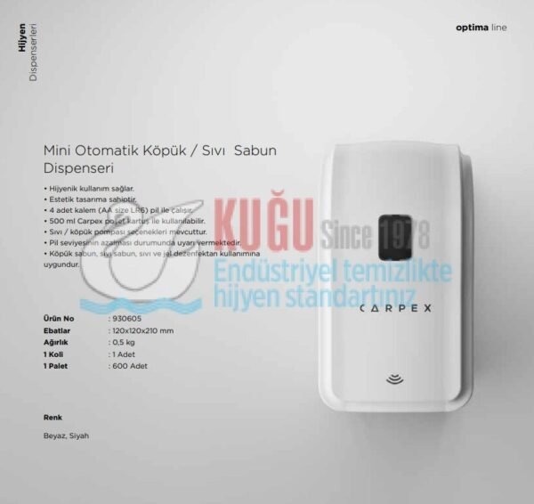 KGC-529306070001 Carpex Optima Beyaz Renk Sensörlü&Fotoseli Mini Üstten Doldurmalı 500 ML Köpük Sabun Dispenser Aparatı - Görsel 6